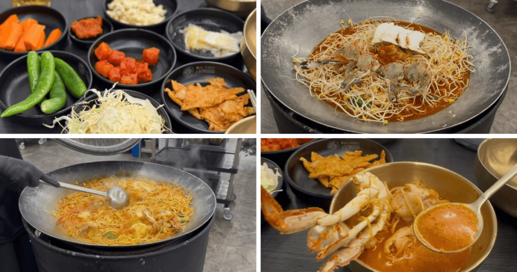 A collage of 4 photos showing the authentic Korean Spicy Chicken and Crab Stew (Dak-bokkeum-tang) and side dishes near Wave M Hotel West.
