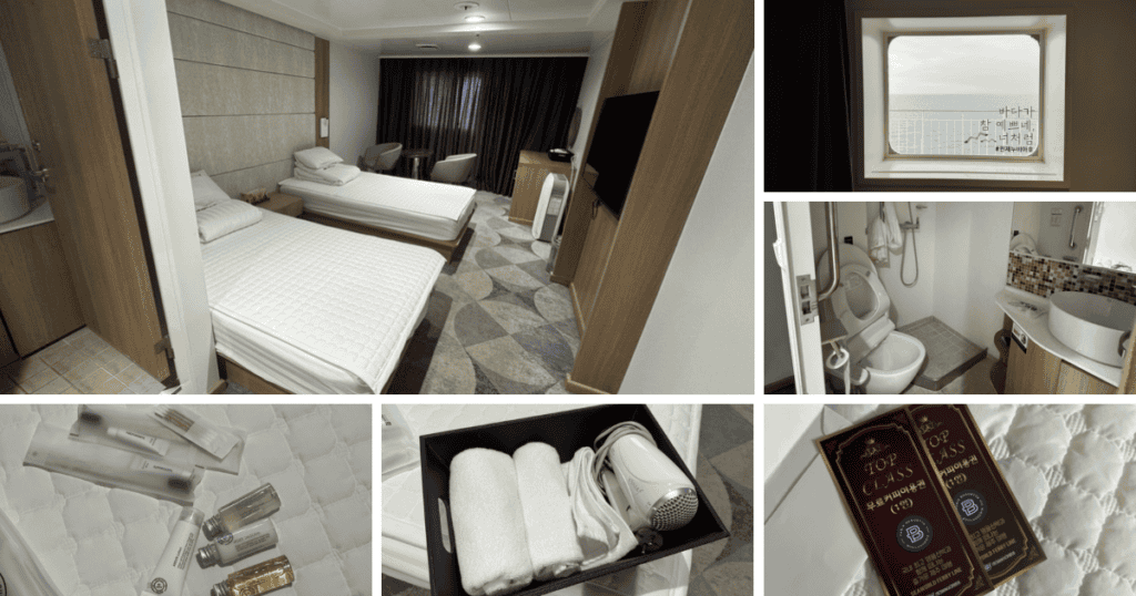 퀸제누비아호 VIP 스위트룸 객실 내부,객실 어메니티, 수건, 드라이기, 무료 음료 쿠폰