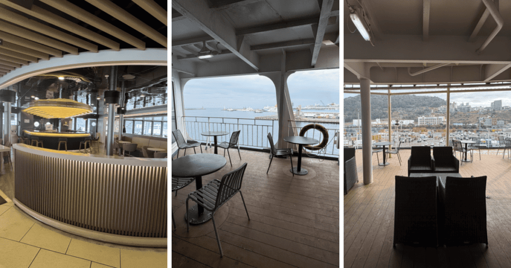 목포-제주 배편 퀸제누비아호 내부 및 야외 테라스 식당 테이블