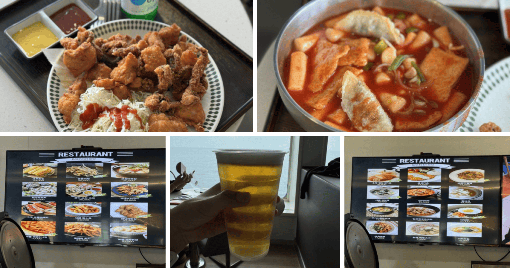 목포 제주도 배편 선내 식당에서 즐기는 치킨, 떡볶이, 소주와 맥주