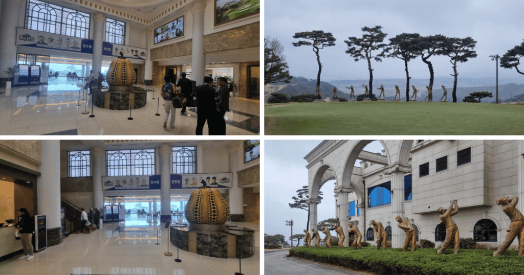 서산수CC 클럽하우스 내부 로비와 고급스러운 조각상들