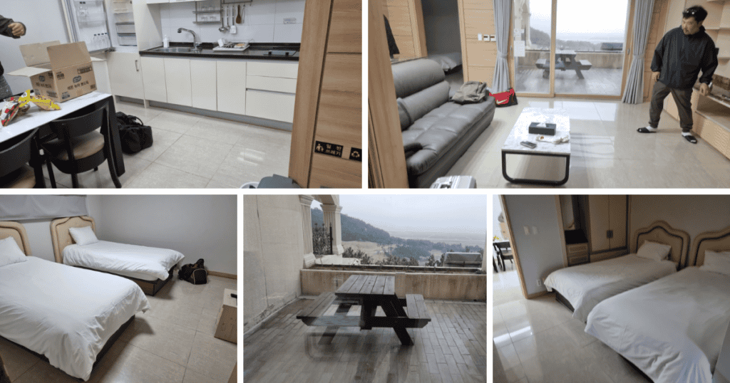 방 2개와 거실, 야외 테이블이 있는 리조트 객실 내부 콜라주