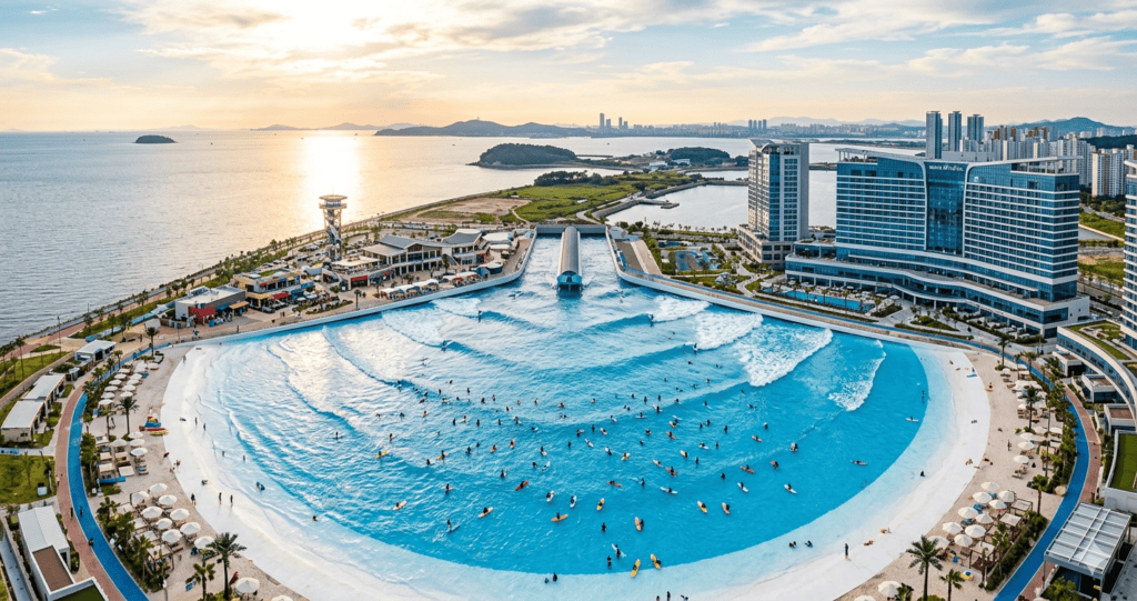 Panoramic aerial view of Wave Park, the world's largest artificial surf lagoon in Geobukseom, Siheung, Korea.