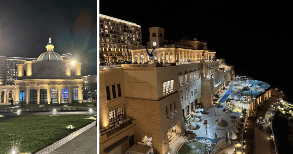 Night view of Sol Beach Jindo infinity pool with beautiful lighting.