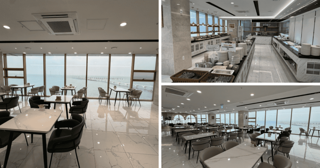 Breakfast table with an ocean view at Wave M Hotel West restaurant in Geobukseom.