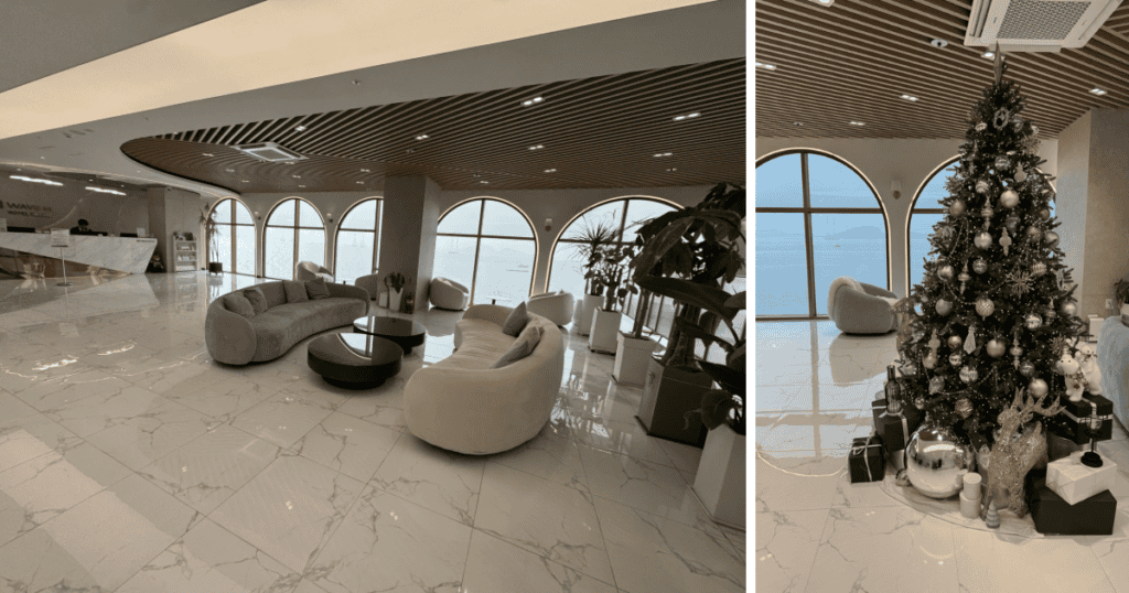 Panoramic ocean view from the lobby of Wave M Hotel West in Geobukseom, Siheung.