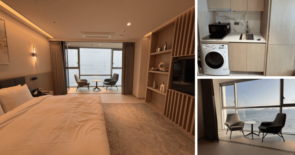 Interior of Wave M Hotel West ocean view room, equipped with a washing machine and sink, near Wave Park.