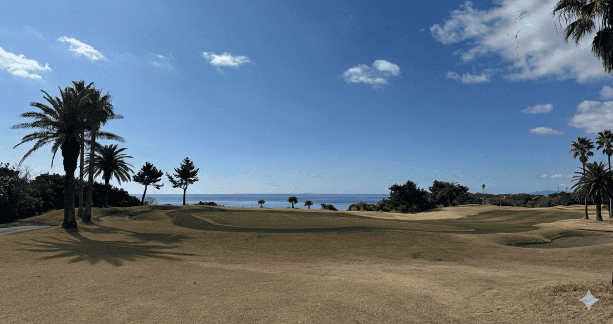 푸른 잔디가 펼쳐진 제주 중문CC 골프장 전경과 2월 라운딩을 즐기는 골퍼들의 옷차림