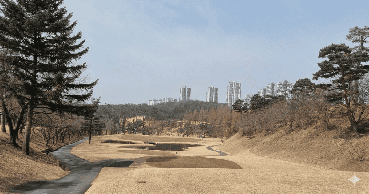 수원 CC 골프장 전경, ㅁ도심과 자연이 어우러진 프리미엄 겨울 골프 코스.