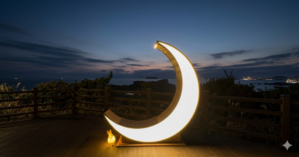 A wide-angle panoramic view of Saeseom Island walking trail at night in Seogwipo, Jeju, featuring a large illuminated crescent moon bench with a patterned tip and a small glowing rabbit figure at its base, set on wooden decking against a twilight sky and distant islands.