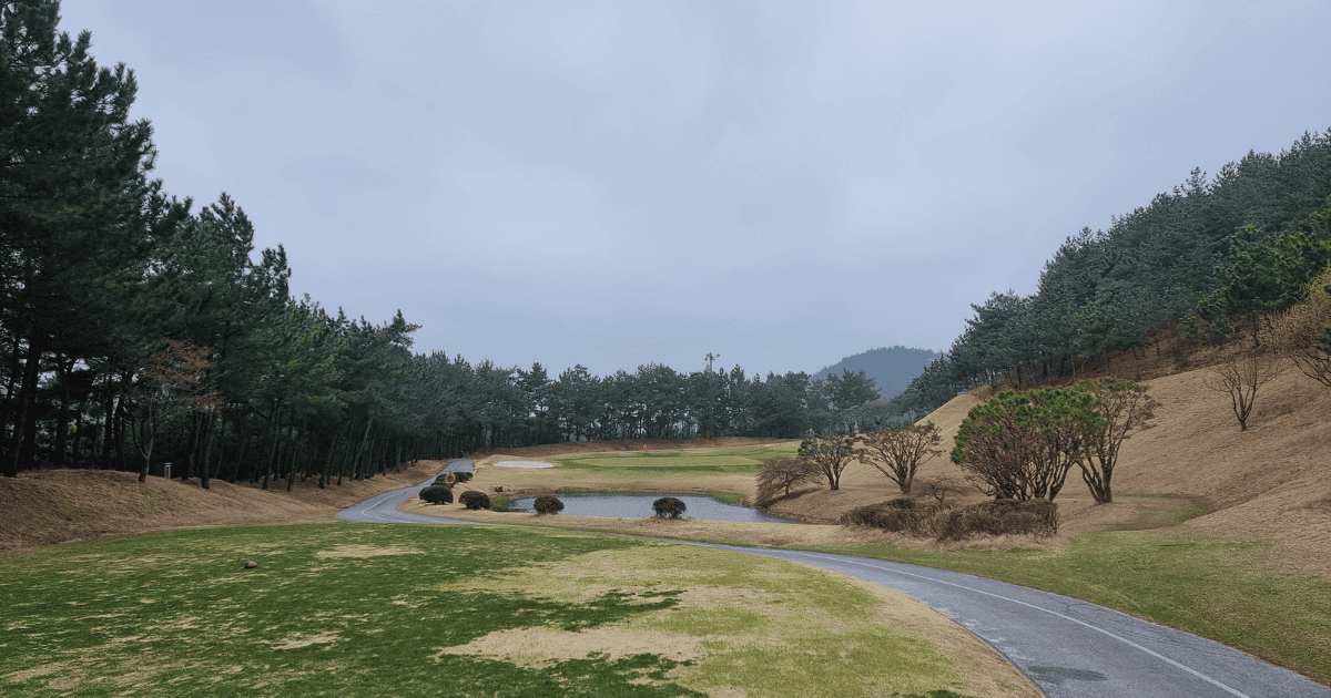 Wide fairway of a Par 3 hole with a water hazard.