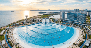 Panoramic aerial view of Wave Park, the world's largest artificial surf lagoon in Geobukseom, Siheung, Korea.